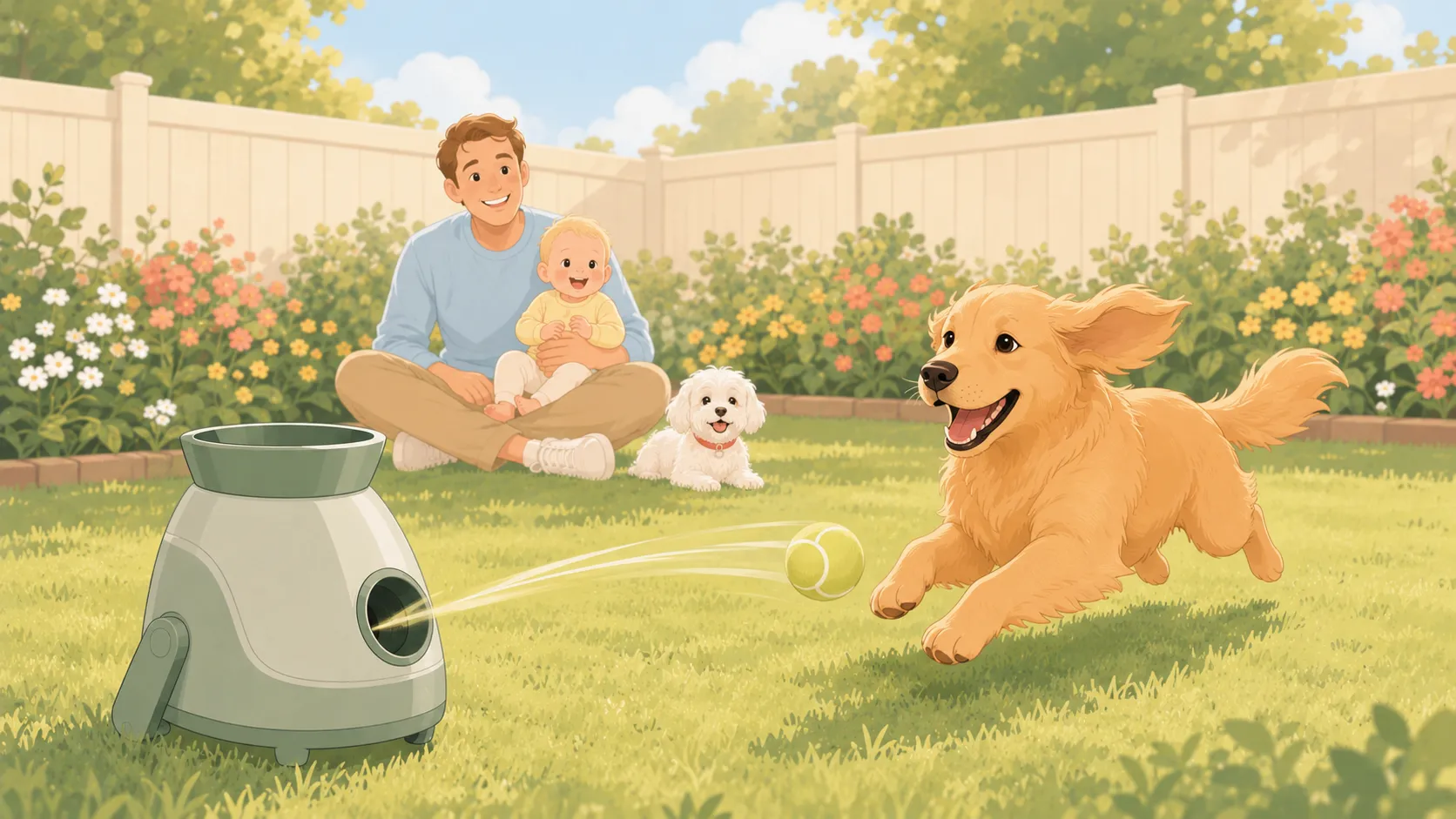 Illustration: the automatic launcher fires a tennis ball out across a fenced backyard as a medium-size golden dog bounds after it, while a parent sits well back on the grass holding the baby and the small white Maltese rests beside them