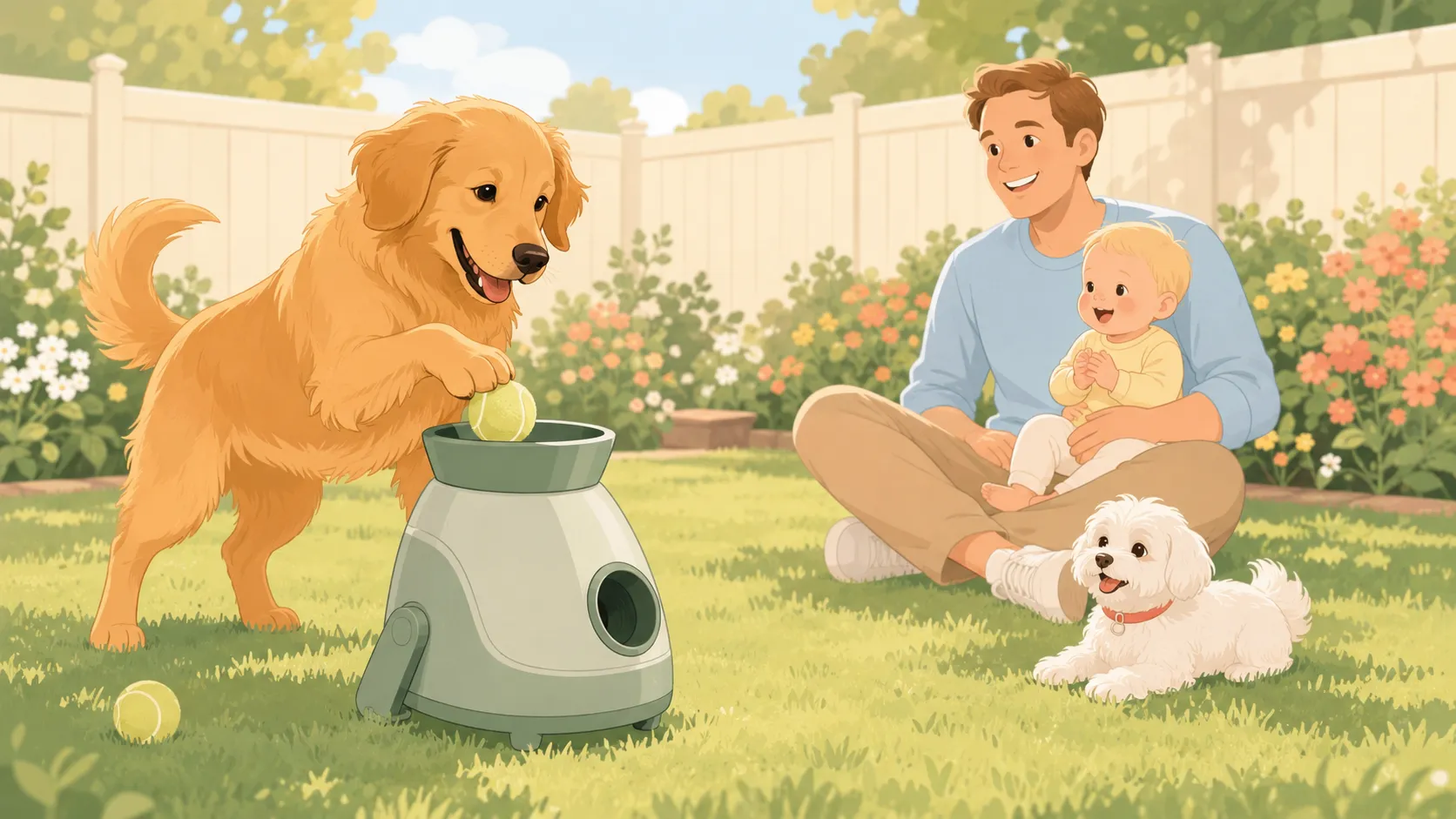 Editorial illustration of a friendly medium-size golden dog dropping a tennis ball into an automatic ball launcher in a sunny fenced backyard, while a parent sits well back on the grass holding the baby and a small white Maltese watches beside them