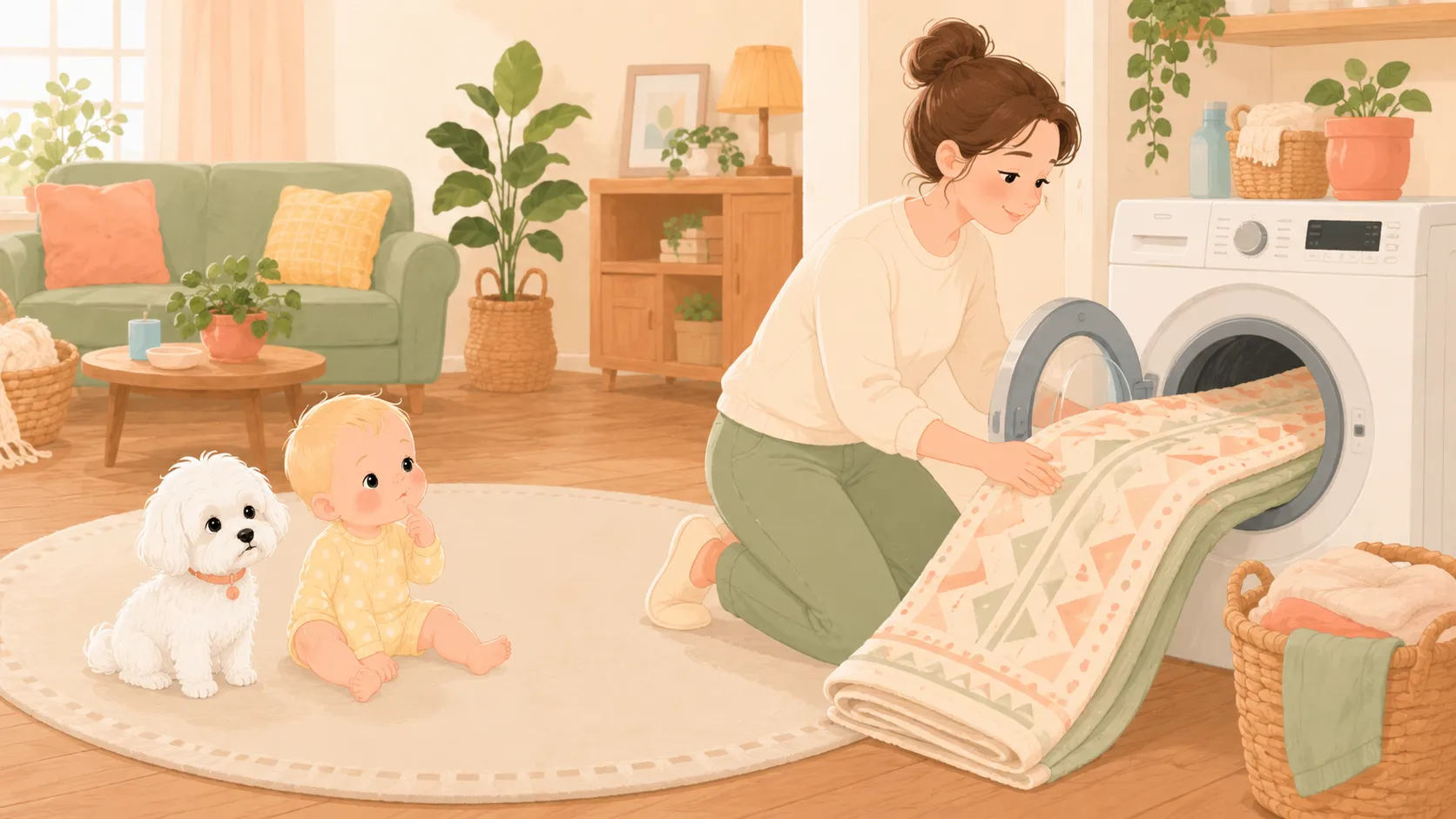 Illustration of a parent loading a rug cover into the washer while a Maltese and a baby sit together on the bare rug pad looking puzzled