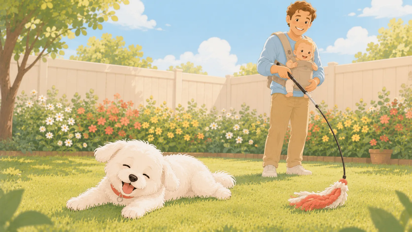Illustration: after a good session the small white Maltese lies happily flopped and panting on the sunny grass, tired out, while the parent with the baby in a chest carrier smiles and gathers up the flirt pole