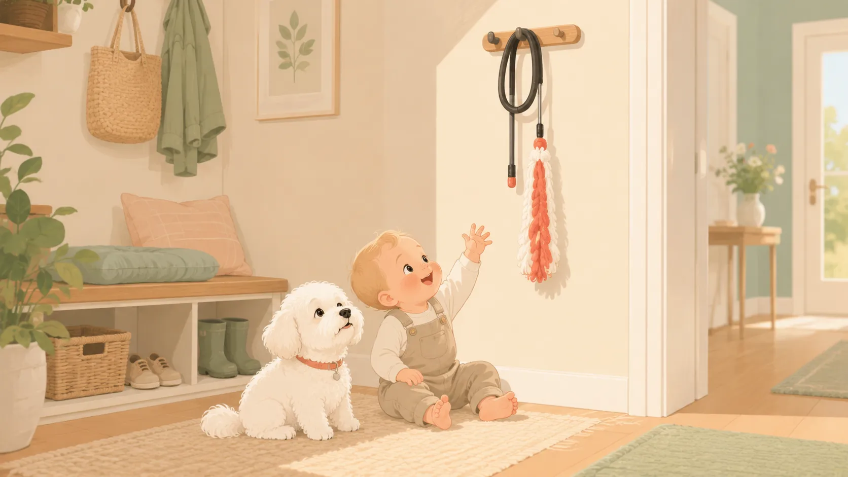 Illustration: after play, the flirt pole hangs neatly on a wall hook well above a curious baby who is reaching up from the floor toward it, out of reach