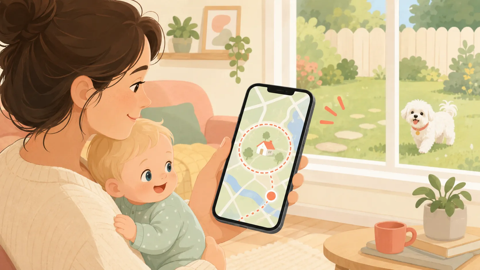 Illustration: a parent holding a baby checks a phone map with a location dot and virtual fence while the Maltese is in the backyard