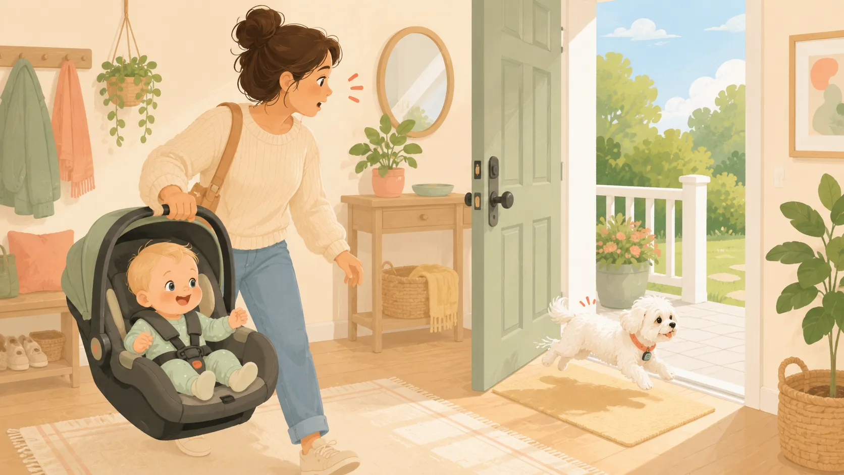 Illustration: a parent carrying a baby car seat at the front door as the Maltese with a GPS collar tag slips onto the porch