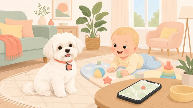 Editorial illustration of a white Maltese with a GPS tracker on its collar while a baby plays and a phone shows a map