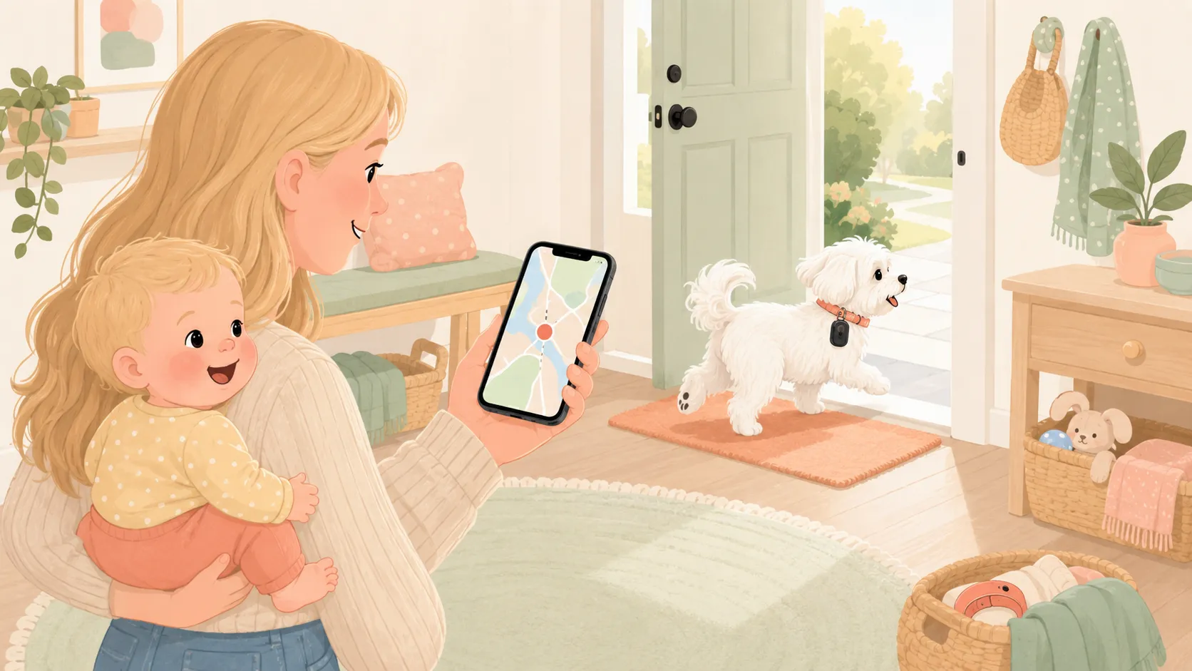 Illustration: a parent holding a baby glances at a phone showing a moving dot on a map while the small white Maltese trots toward an open front door