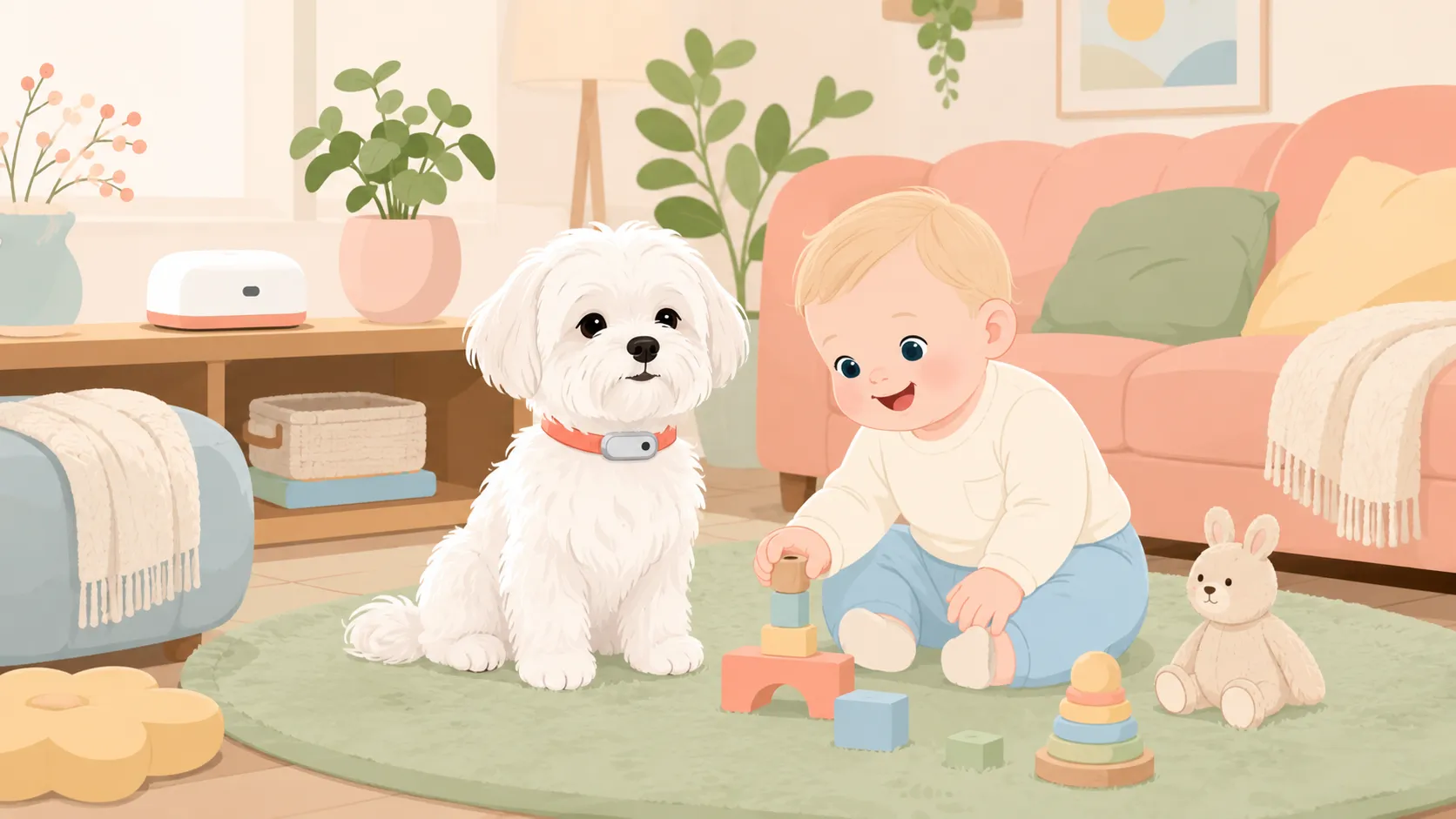 Illustration: the fluffy white Maltese wears a slim integrated smart collar while sitting calmly beside a baby playing on a soft rug, a charging base station resting on a nearby shelf