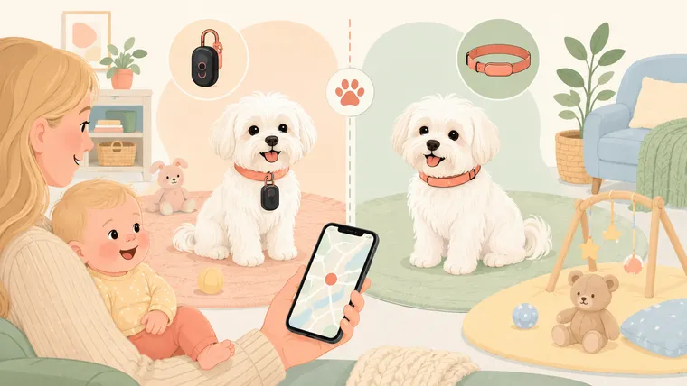 Split editorial illustration (not a photo) comparing two GPS dog trackers — a small clip-on tracker on a collar and an integrated smart collar — with a fluffy white Maltese wearing one and a blonde baby on a parent's hip glancing at a phone