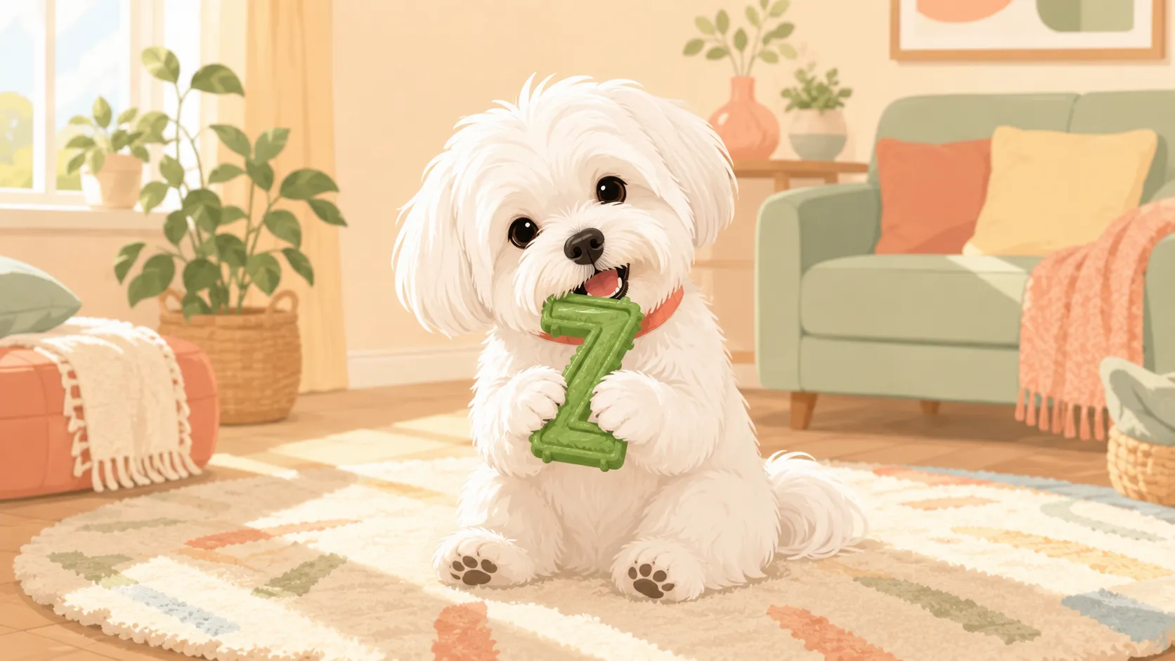Illustration: a small fluffy white Maltese in a coral collar sitting on a rug working a green Z-shaped chew held in its paws, teeth visibly scraping along the ridges