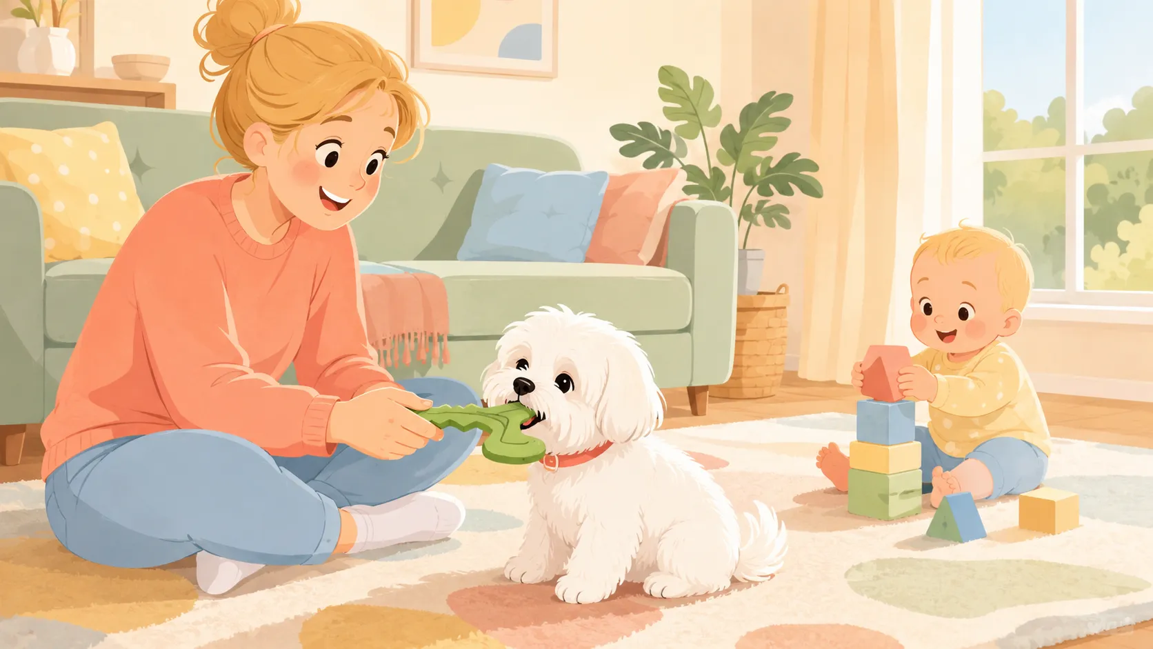 Illustration: a parent sitting on the rug holding one end of a green dental chew while the white Maltese chews the other end, a smiling blonde baby playing with soft blocks a safe distance away