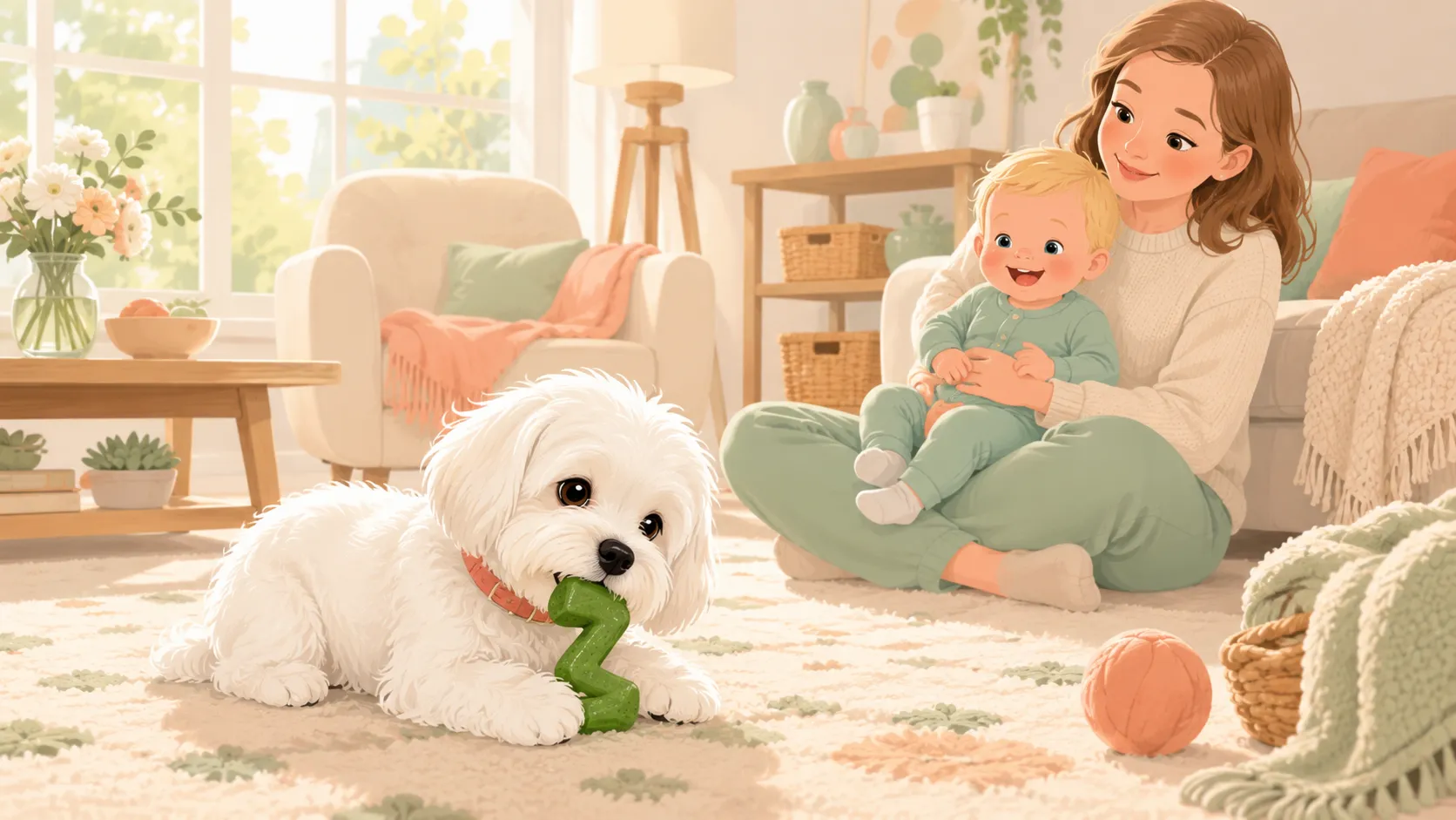 Editorial illustration of a small fluffy white Maltese in a tiny coral collar happily chewing a green Z-shaped dental chew on a sunlit living-room rug, while a smiling blonde baby watches from a parent's lap nearby