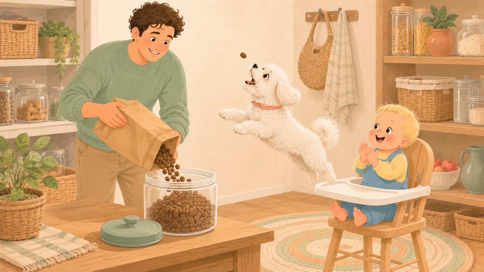 Illustration: refill day — one stray kibble escapes the pour and the dog plays outfield