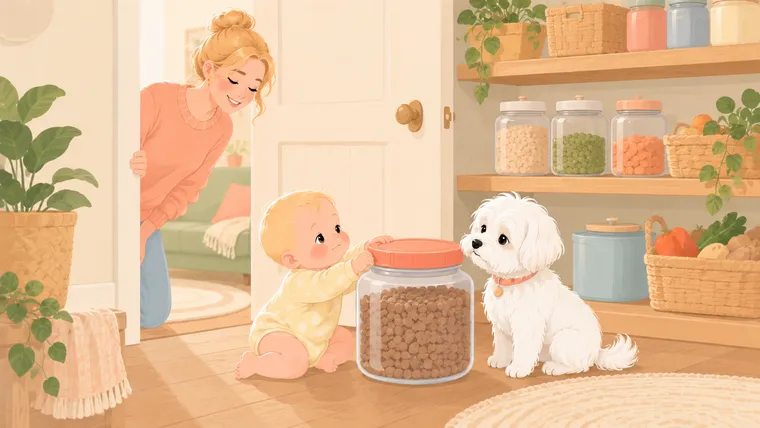 Illustration of a baby and a Maltese both foiled by an airtight screw-top dog food container in the pantry