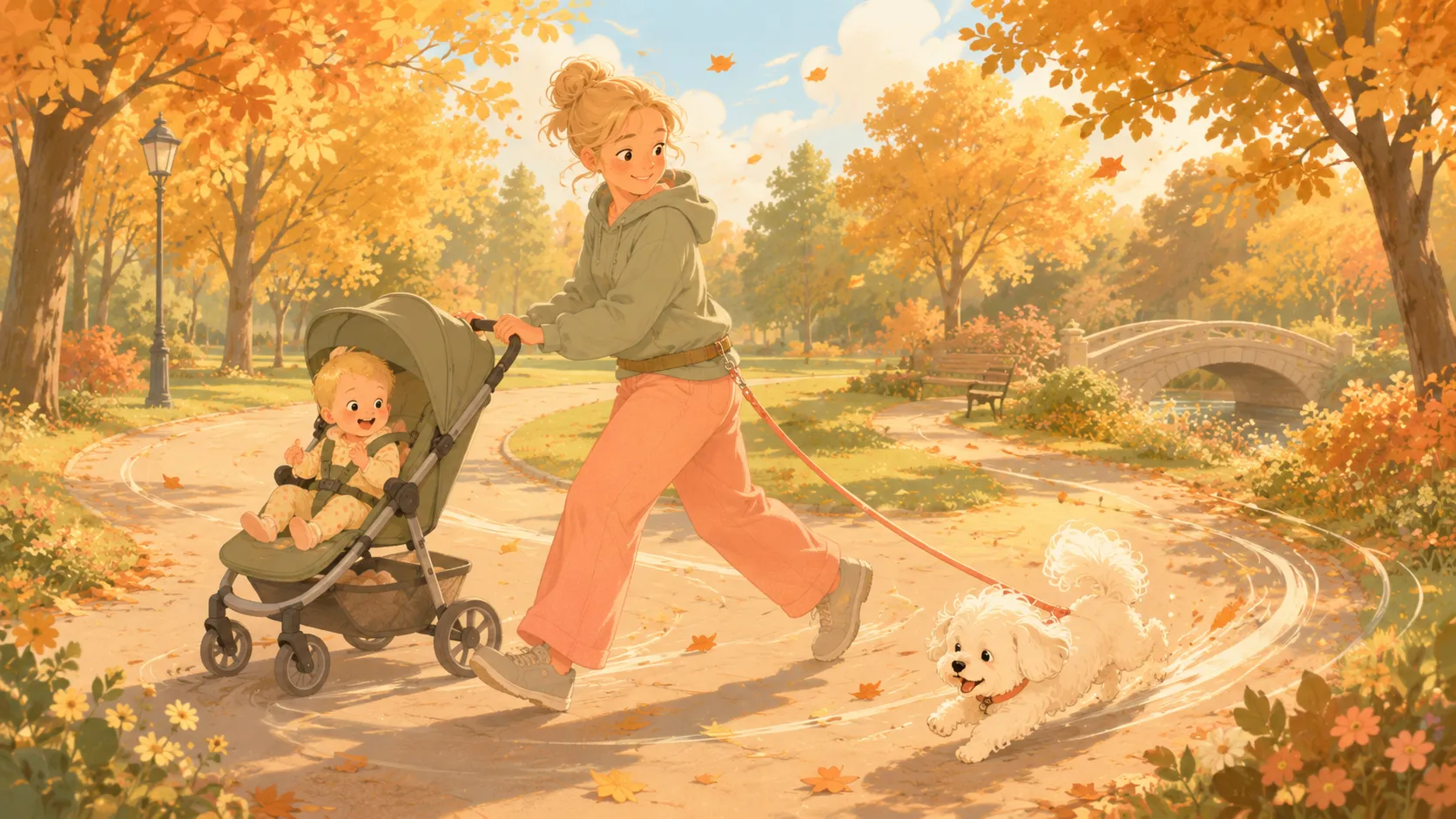 Illustration: the mid-turn choreography — dog arcing smoothly around the outside of the stroller's curve