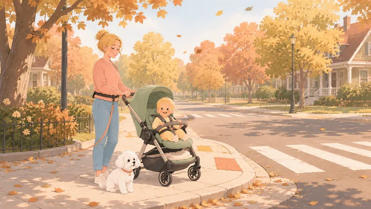 Illustration of a parent with a waist leash and stroller stopped at a curb while the Maltese sits waiting beside the rear wheel