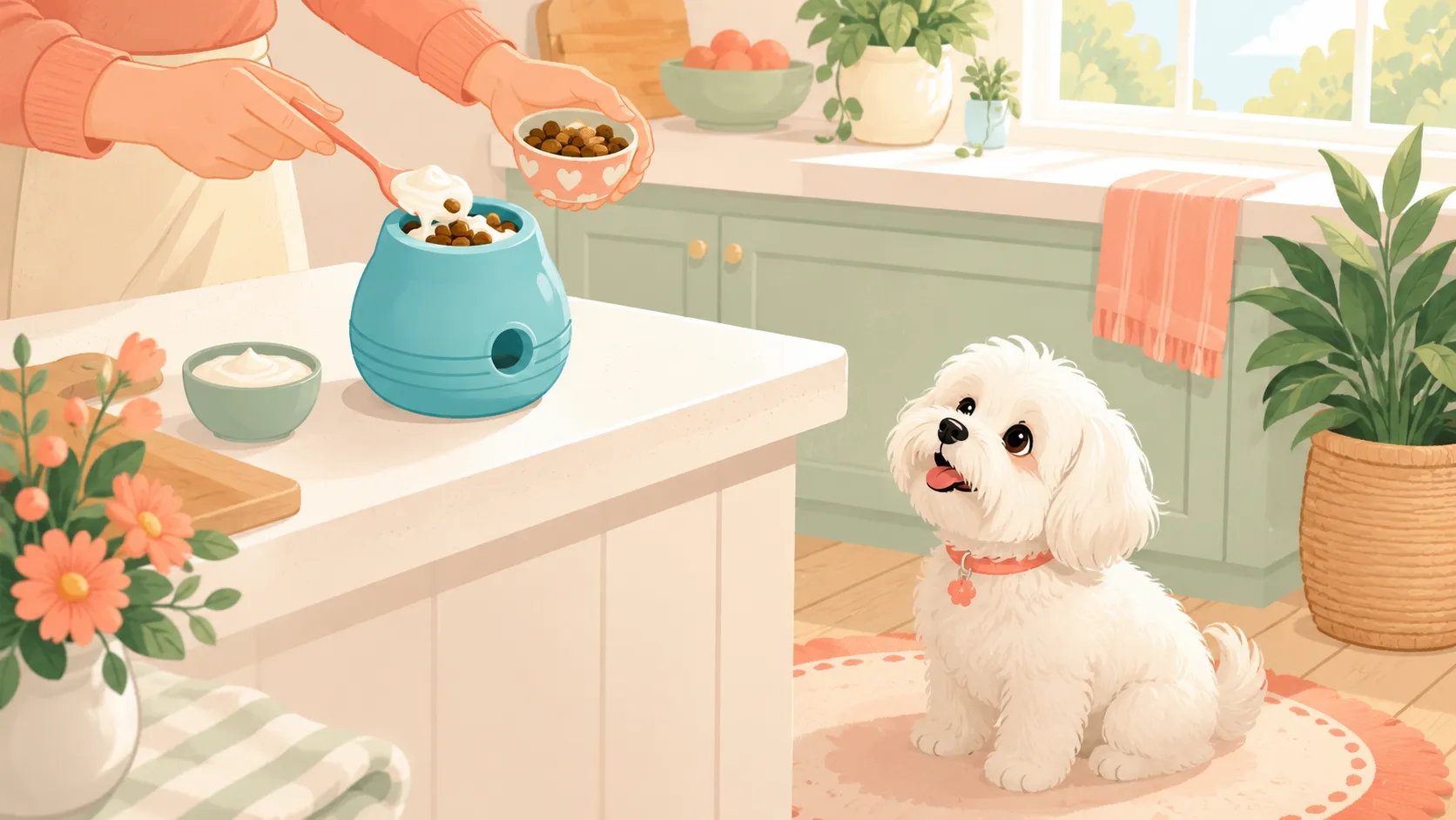 Illustration: a parent's hand spreading yogurt and kibble into the open aqua blue bowl of the toy at a kitchen counter, the wide shallow mouth clearly easy to fill, a small white Maltese watching hopefully from below