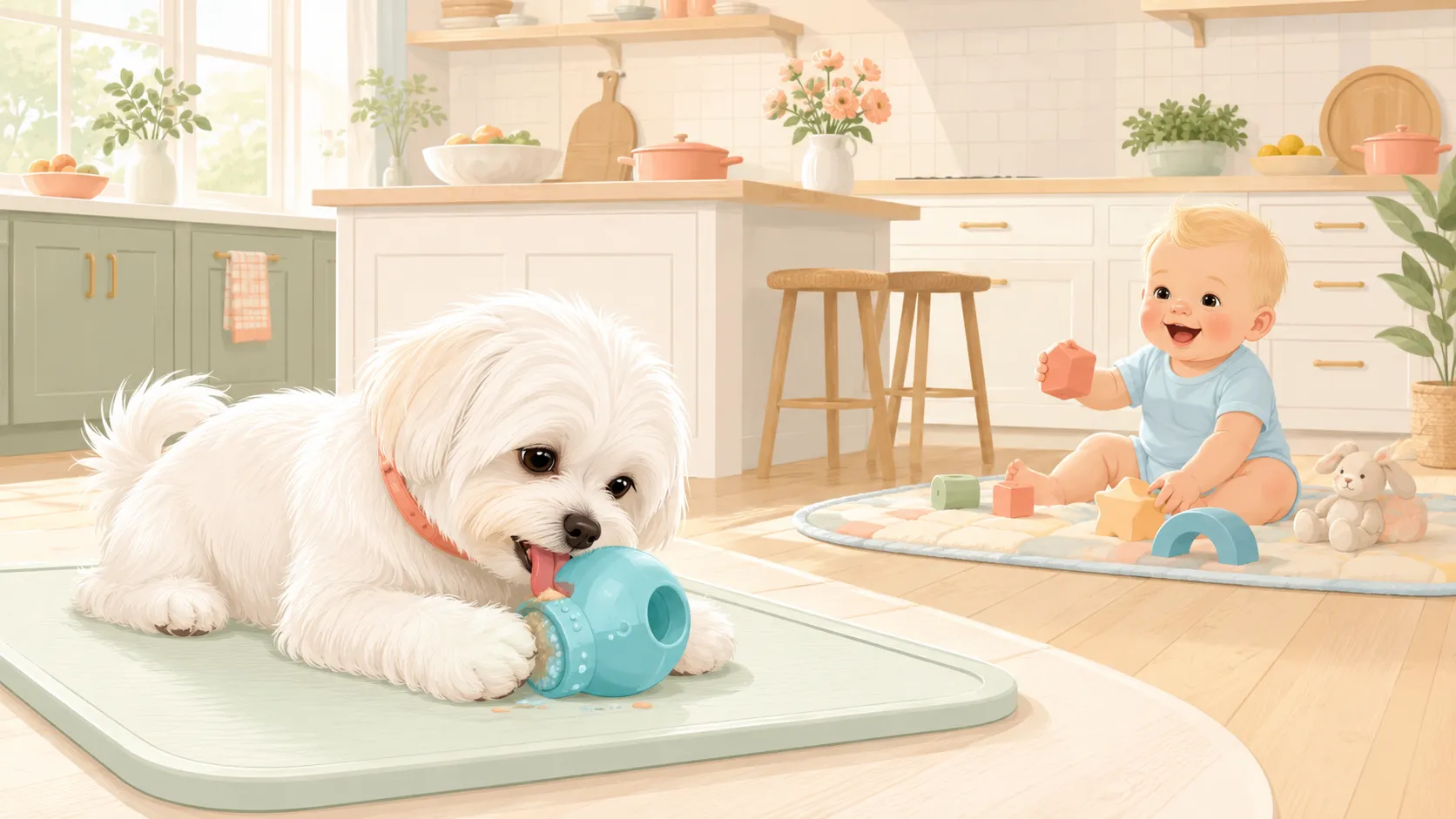 Illustration: a happy blonde baby in a play area a safe distance away while the small white Maltese lies on a wipeable mat licking the frozen aqua blue toy, a closed nursery-style door and a calm sunny kitchen in the background