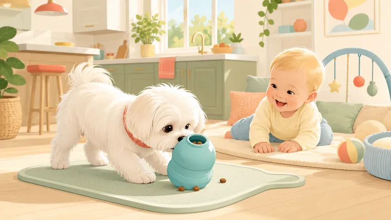 Editorial illustration of a small fluffy white Maltese in a coral collar happily nosing an aqua blue open-bowl treat toy on a wipeable mat, while a blonde baby watches from a nearby play area in a sunny kitchen