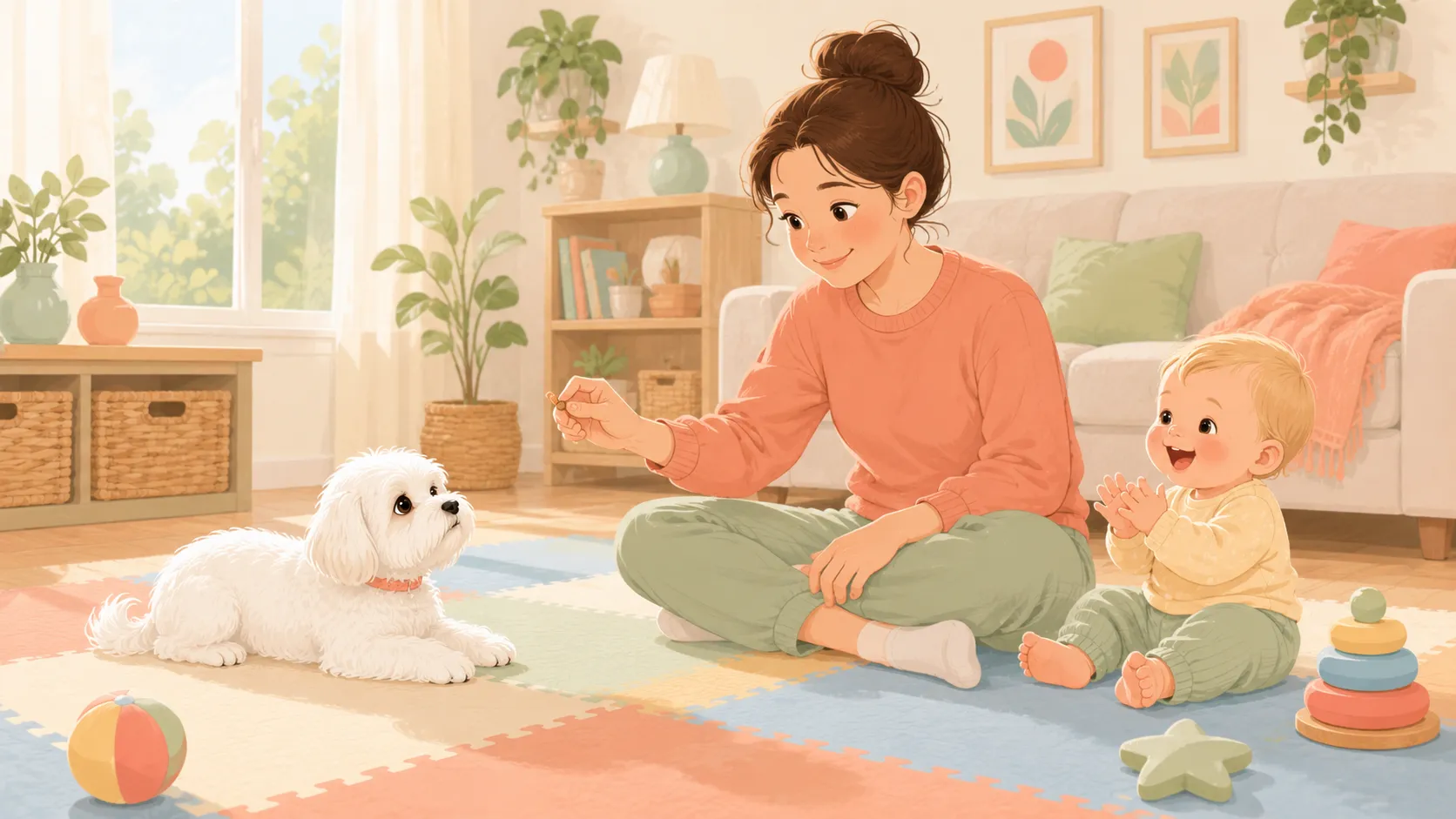 Illustration: a parent sits on the living-room floor with a happy blonde baby on a play mat, calmly handing a tiny treat to a small white Maltese in a coral collar who is settled in a down-stay nearby