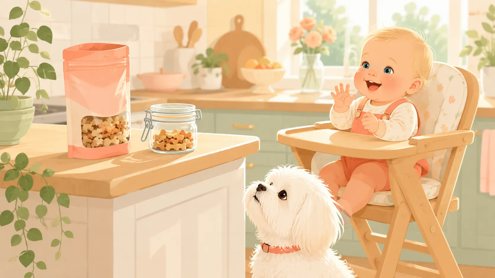 Illustration: an open resealable treat pouch on a kitchen counter beside a small airtight jar, with the white Maltese looking up hopefully and the baby babbling in a high chair in the warm, sunlit background