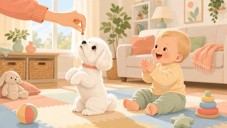 Editorial illustration of a small fluffy white Maltese with a coral collar sitting attentively for a tiny treat held by a parent, while a happy blonde baby watches from a play mat on the floor